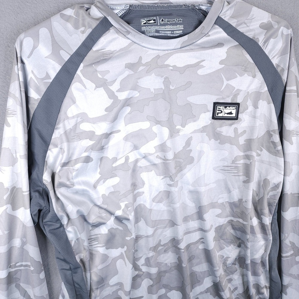Pelagic VaporTek Fishing Shirt Mens L Grey Camo UPF 50+ Performance Outdoor Gear